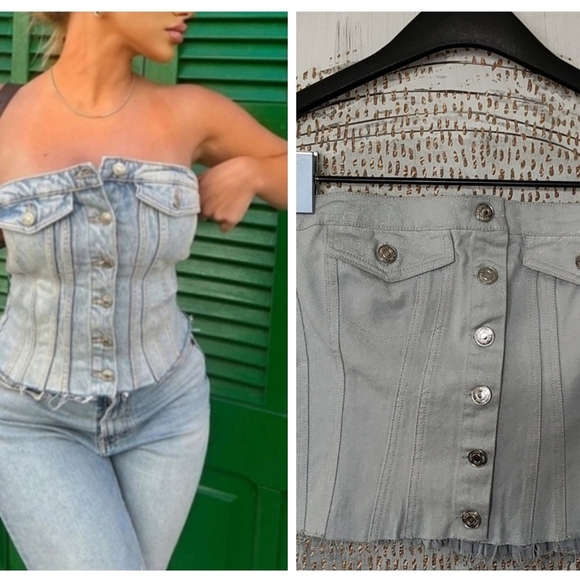 New ZARA Denim Metallic TubeTop Size M - Picture 1 of 16